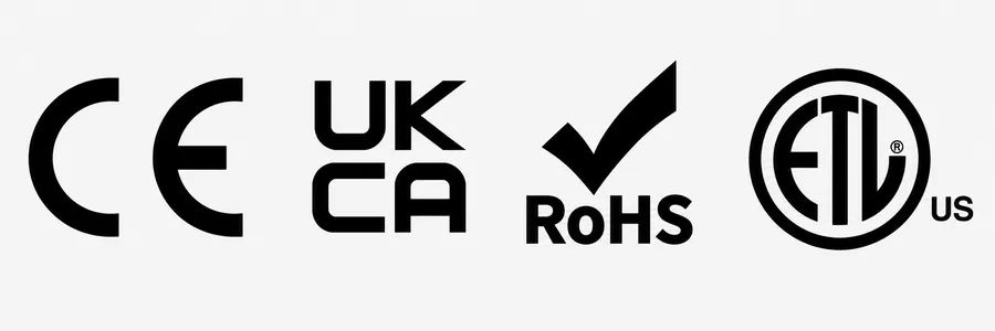 CE, UKCA, RoHS, ETL — Certification display is illustrative in this preview.